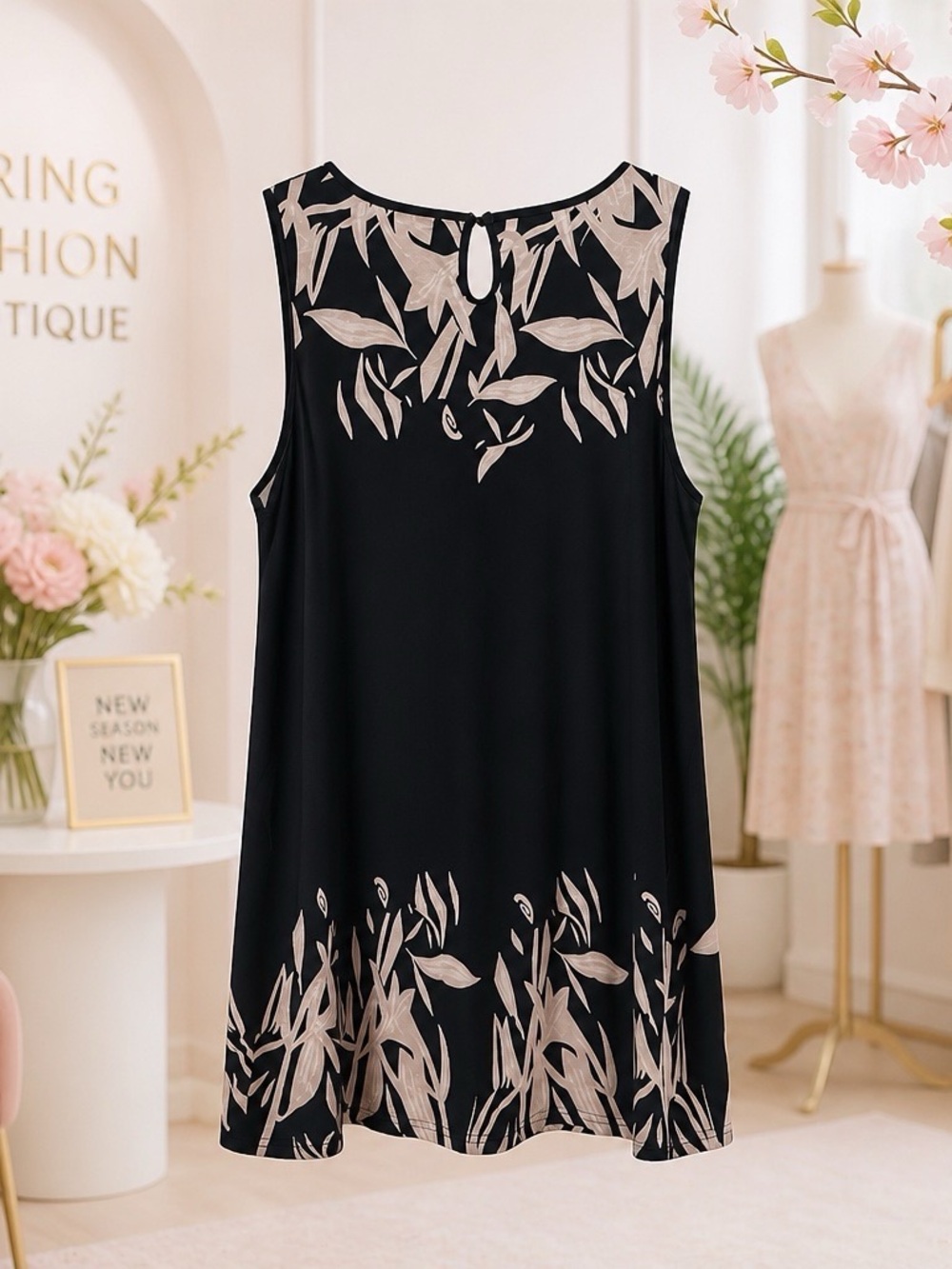 Black Sleeveless 2XL Dress with Beige Leaf Print - Picture 4 of 4